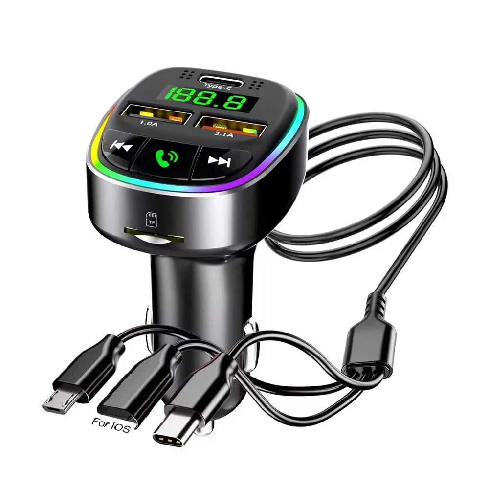 Bluetooth 5.0 FM Transmitter Car MP3 Modulator Player Handsfree Audio Receiver PD+USB Phone Charger With 3 in 1 Charge Cable