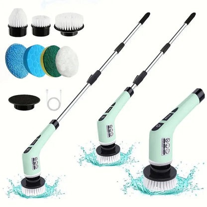 Brush Rotating Scrubber 7 Brush Heads Adjustable Extension Handle Bathroom Cleaning Brush