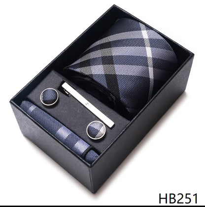 100% Silk Brand Tie Handkerchief Cufflink Set For Men Necktie Holiday Gift Box Blue Gold Suit Accessories Slim Wedding Gravatas