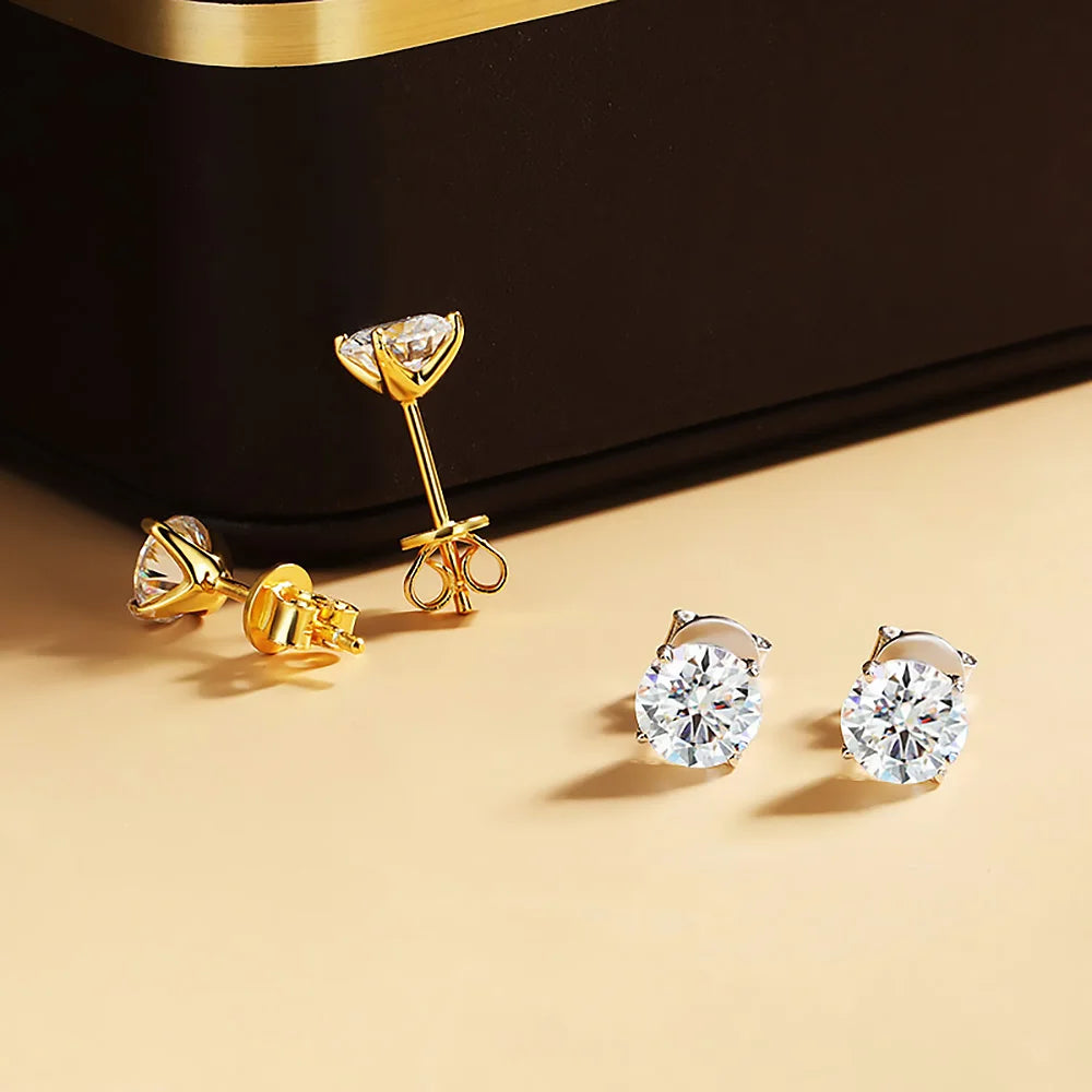 Moissanite Stud Earring Round D Color Diamond 925 Sterling Silver Gold Plated Jewelry