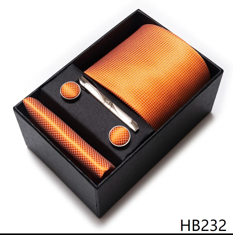 100% Silk Brand Tie Handkerchief Cufflink Set For Men Necktie Holiday Gift Box Blue Gold Suit Accessories Slim Wedding Gravatas