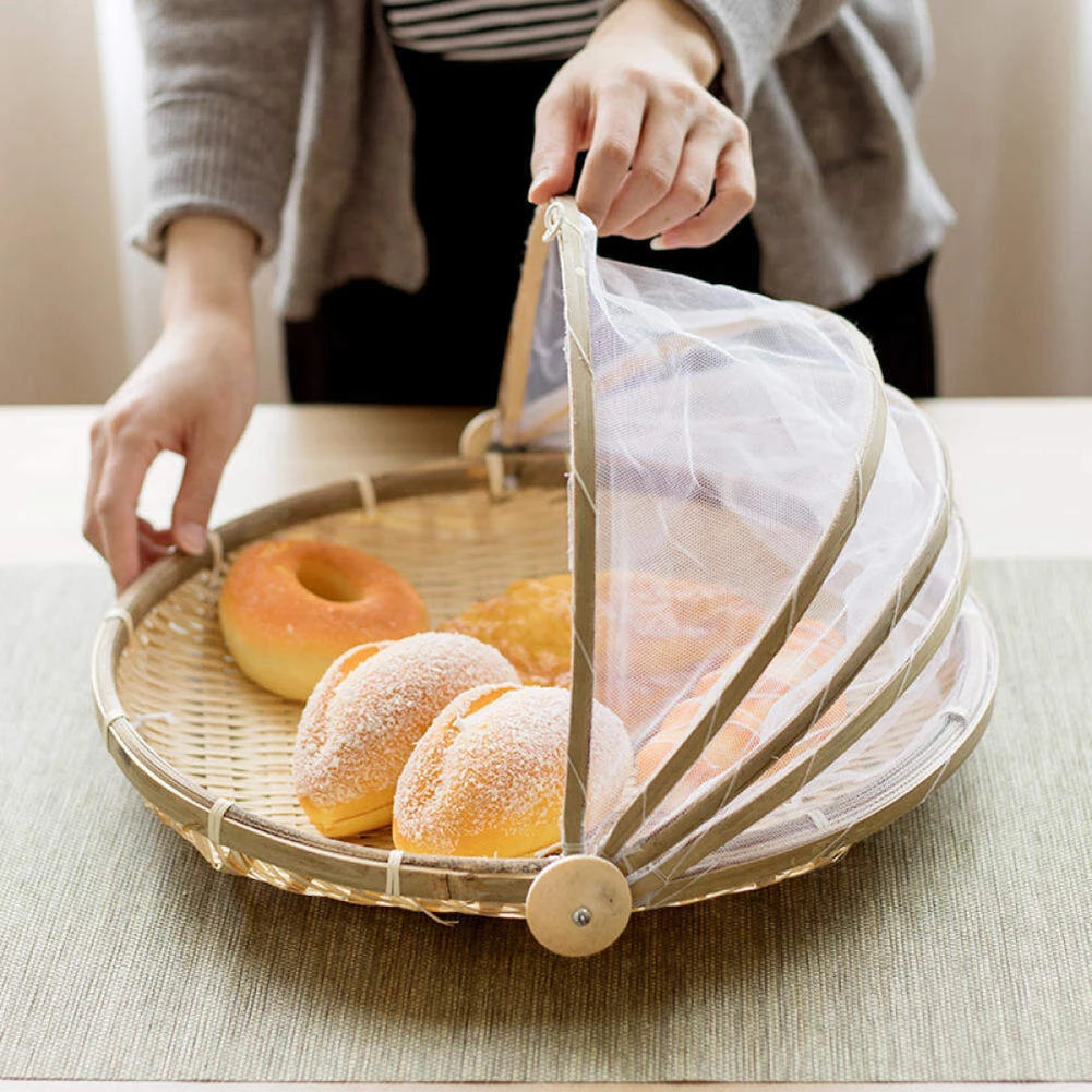 Handmade Bamboo Basket With Net Mesh Cover Kithen Bread Fruit Vegetable Food Container Outdoor Travel Picnic Dust Proof Basket