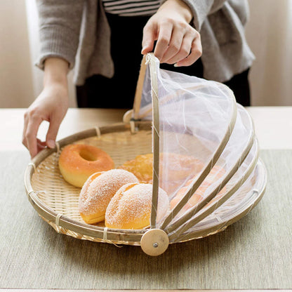 Handmade Bamboo Basket With Net Mesh Cover Kithen Bread Fruit Vegetable Food Container Outdoor Travel Picnic Dust Proof Basket