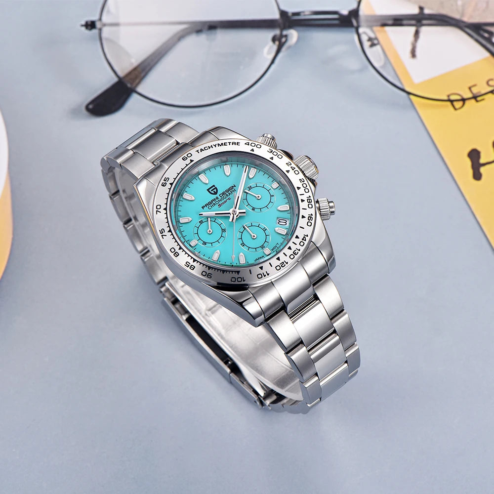 Daytona Crystal Blue Bezel Quartz Sapphire Glass Chronograph Watch PAGANI