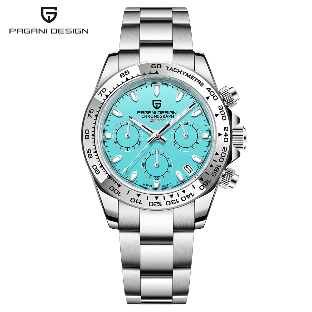 Daytona Crystal Blue Bezel Quartz Sapphire Glass Chronograph Watch PAGANI