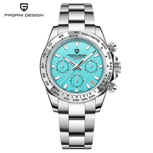 Daytona Crystal Blue Bezel Quartz Sapphire Glass Chronograph Watch PAGANI