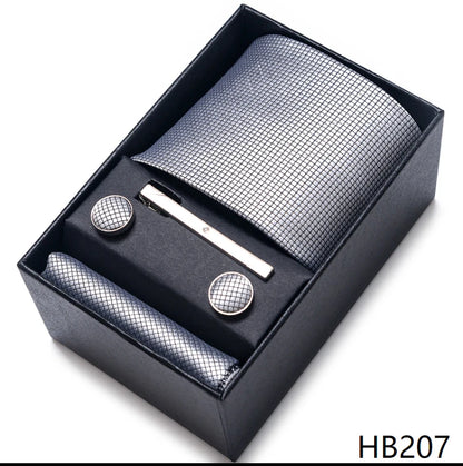100% Silk Brand Tie Handkerchief Cufflink Set For Men Necktie Holiday Gift Box Blue Gold Suit Accessories Slim Wedding Gravatas