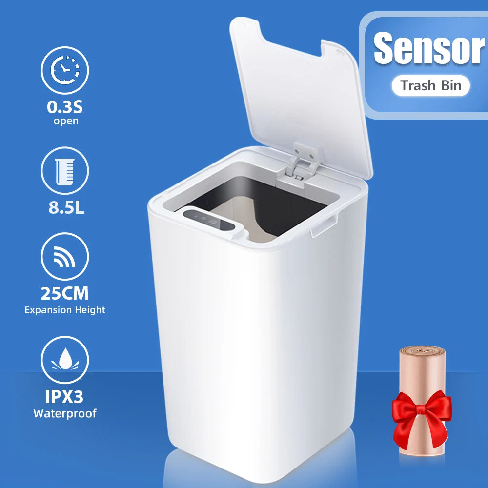Smart Sensor Trash Can Automatic Kicking White Garbage 8.5L Bin