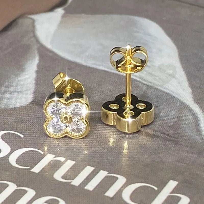 Lnngy Certified Moissanite Flower Earring With Certificate For Women Korean INS Four Leaf Flowers Stud Earrings Daily Jewelry