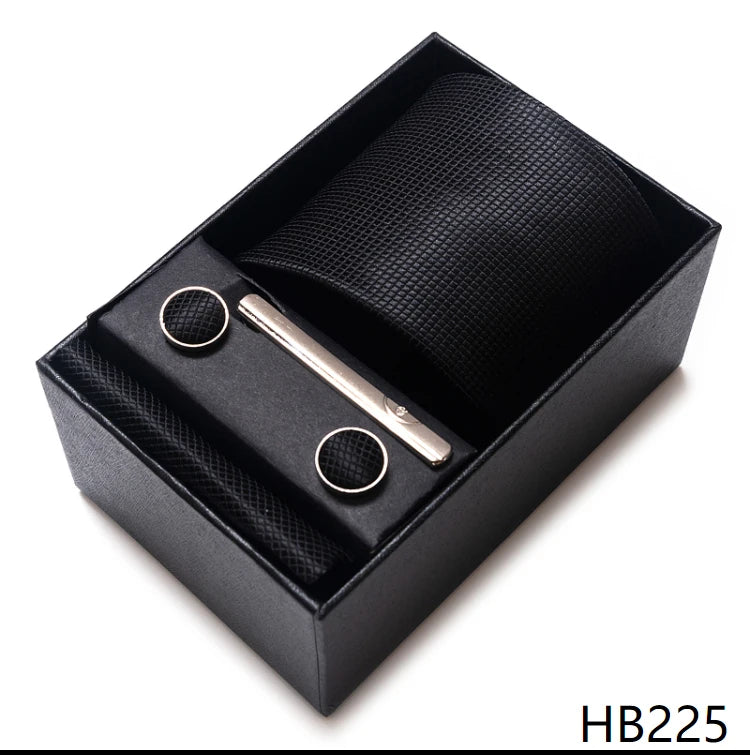 100% Silk Brand Tie Handkerchief Cufflink Set For Men Necktie Holiday Gift Box Blue Gold Suit Accessories Slim Wedding Gravatas