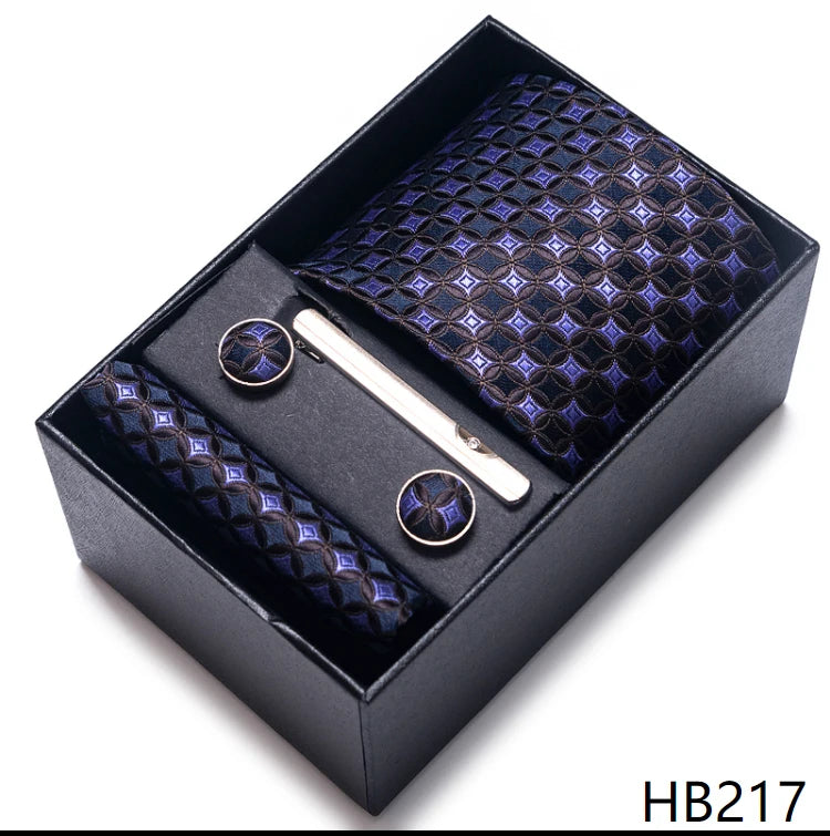 100% Silk Brand Tie Handkerchief Cufflink Set For Men Necktie Holiday Gift Box Blue Gold Suit Accessories Slim Wedding Gravatas