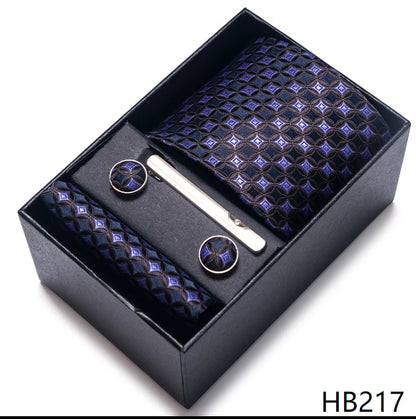 100% Silk Brand Tie Handkerchief Cufflink Set For Men Necktie Holiday Gift Box Blue Gold Suit Accessories Slim Wedding Gravatas