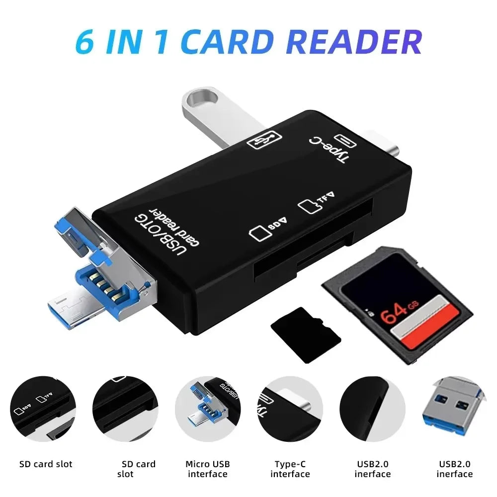 Type SD Card Reader 6 in 1 USB 3.0 Micro USB Flash Drive Adapter 5Gbps High Speed Transfer Card Data Reader