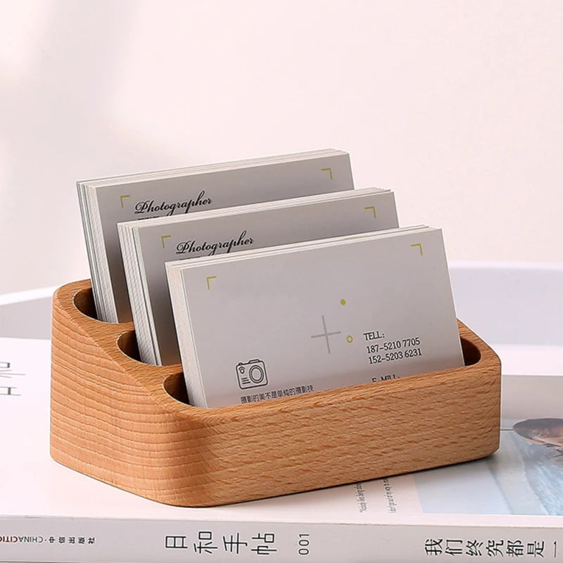 Wood Desktop Business Card Display Stand 3 Compartment Office