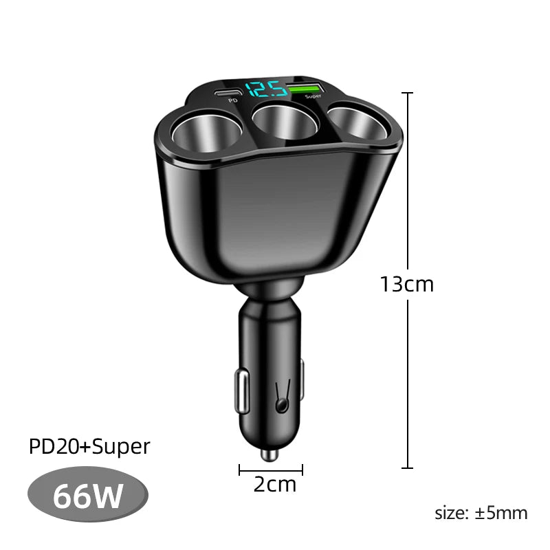 Car Lighter Adapter 66W Fast Charging PD Type C 3.0 USB Ports LED