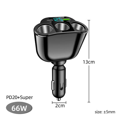 Car Lighter Adapter 66W Fast Charging PD Type C 3.0 USB Ports LED