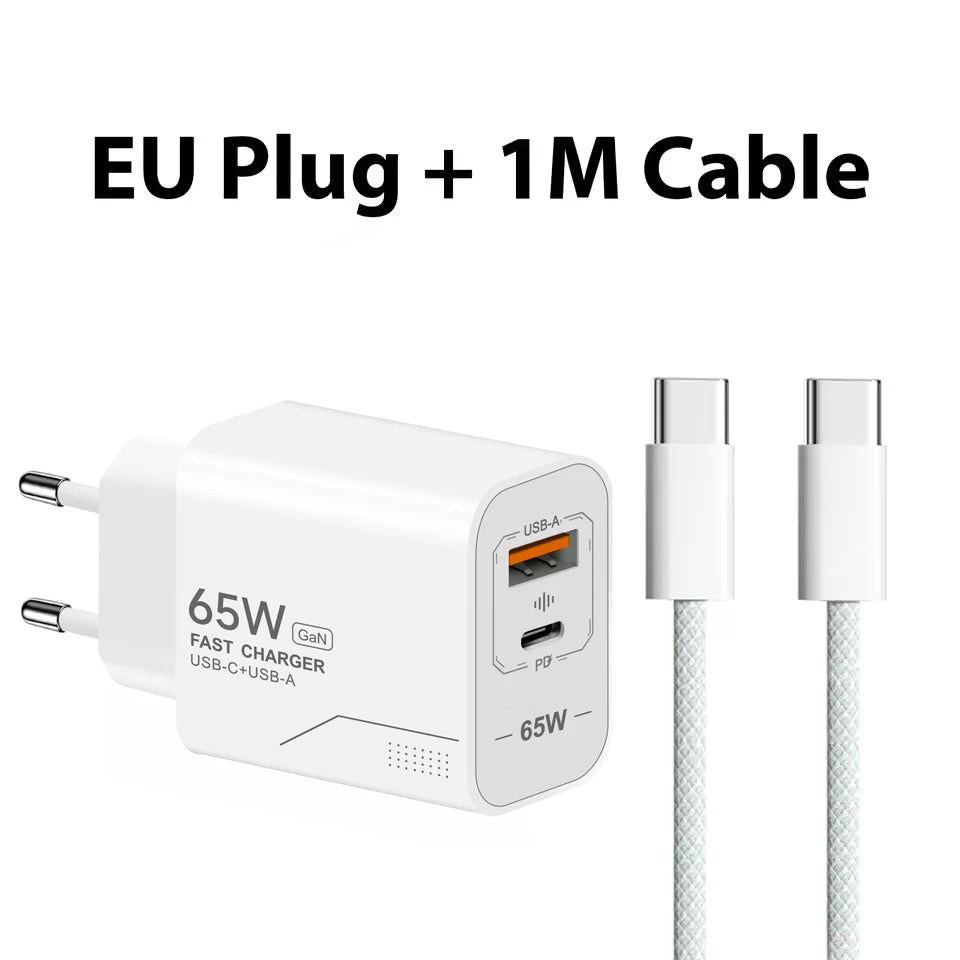 65W USB C Charger 2-Port Phone Charger For iPhone Samsung Xiaomi Type C EU/US Plug Wall Charger