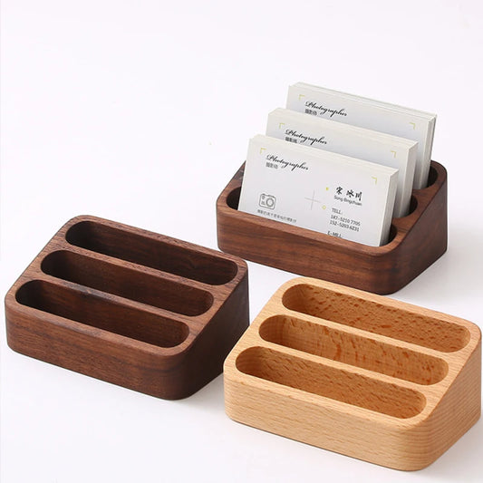 Wood Desktop Business Card Display Stand 3 Compartment Office