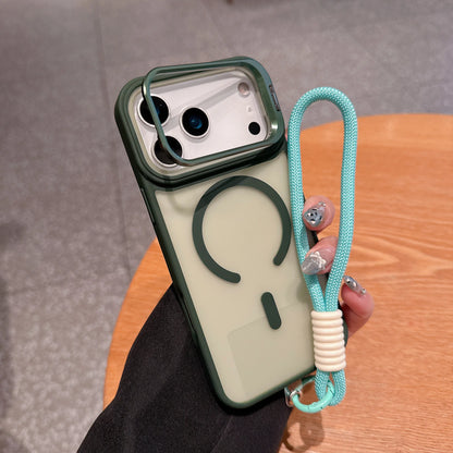 Wrist Strap Matte Lens Holder Case For iPhone 17 Air 16 15 14 Plus 13 12 11 Pro Max Mini For Magsafe Magnetic Lanyard Hard Cover