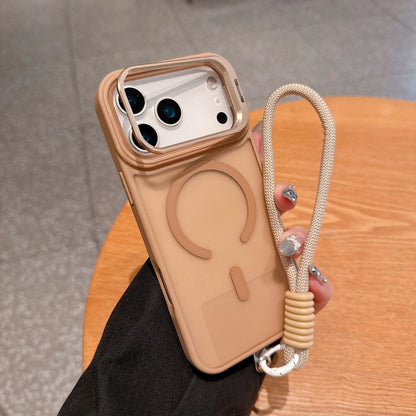 Wrist Strap Matte Lens Holder Case For iPhone 17 Air 16 15 14 Plus 13 12 11 Pro Max Mini For Magsafe Magnetic Lanyard Hard Cover