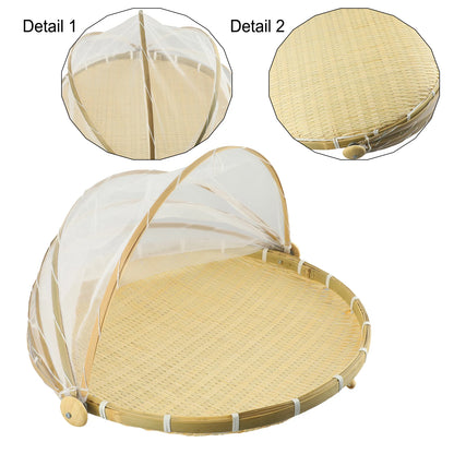 Handmade Bamboo Basket With Net Mesh Cover Kithen Bread Fruit Vegetable Food Container Outdoor Travel Picnic Dust Proof Basket
