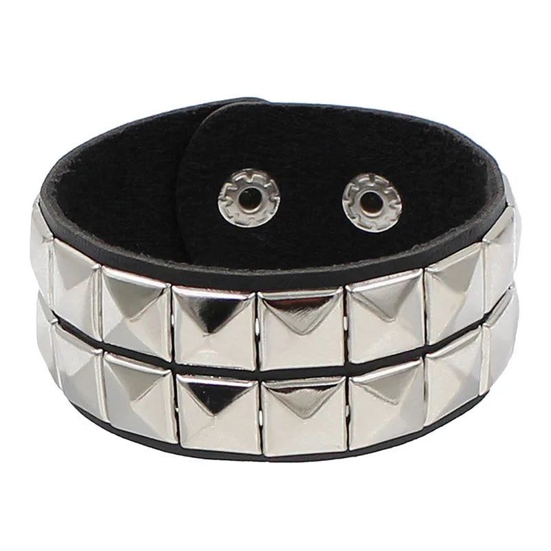 Punk Bracelet for Men Women Goth Black Leather Wristband with Metal Spike Studded Spike Rivets Cuff Bangle Adjustable