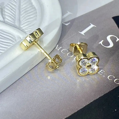 Lnngy Certified Moissanite Flower Earring With Certificate For Women Korean INS Four Leaf Flowers Stud Earrings Daily Jewelry
