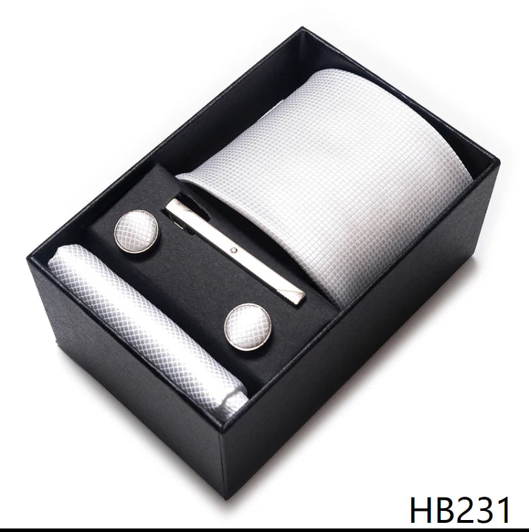 100% Silk Brand Tie Handkerchief Cufflink Set For Men Necktie Holiday Gift Box Blue Gold Suit Accessories Slim Wedding Gravatas