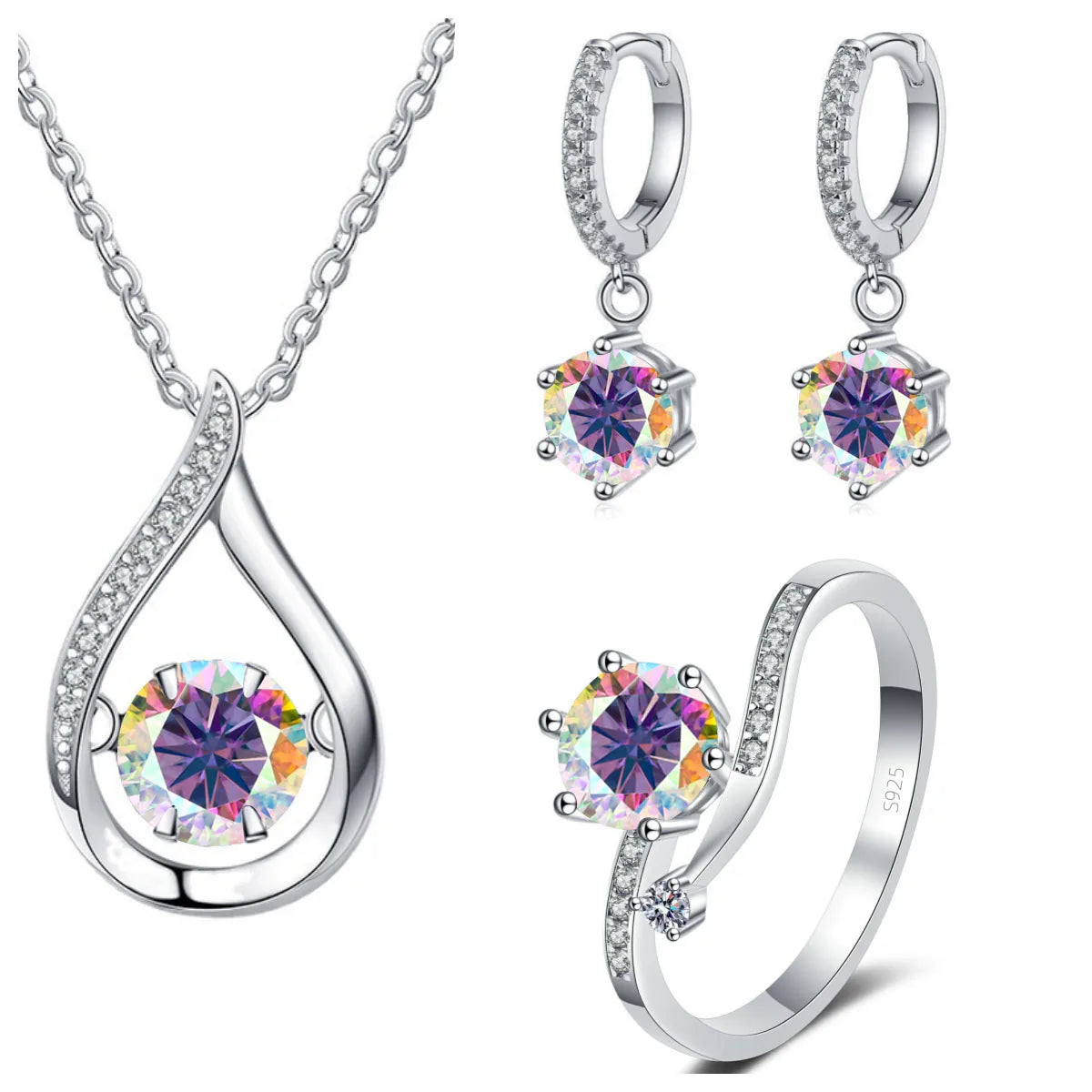 Sterling Silver Moissanite Jewelry Set Pendant Necklace Ring Gift