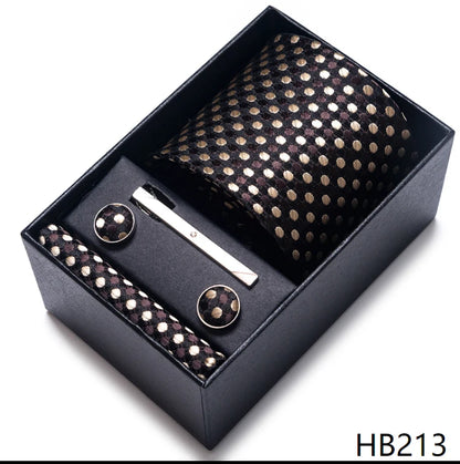100% Silk Brand Tie Handkerchief Cufflink Set For Men Necktie Holiday Gift Box Blue Gold Suit Accessories Slim Wedding Gravatas