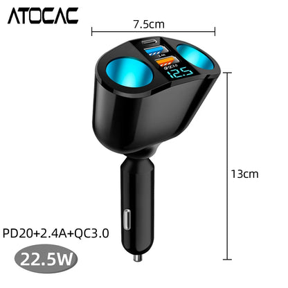 Car Lighter Adapter 66W Fast Charging PD Type C 3.0 USB Ports LED