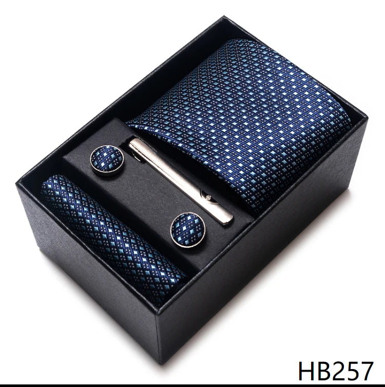 100% Silk Brand Tie Handkerchief Cufflink Set For Men Necktie Holiday Gift Box Blue Gold Suit Accessories Slim Wedding Gravatas