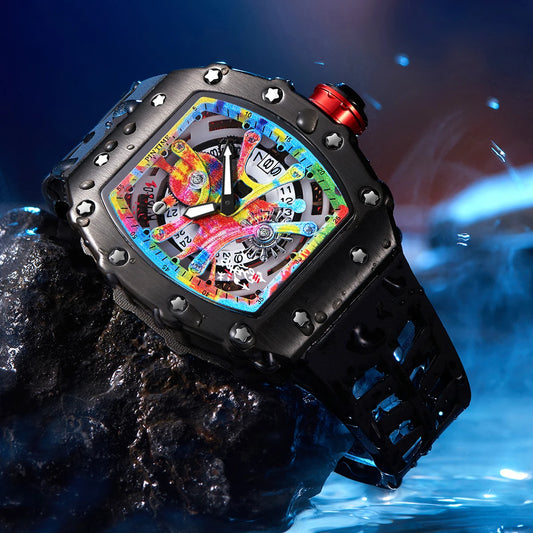 Watch Tonneau Men Quartz Graffiti Dial Date Waterproof Wristwatches
