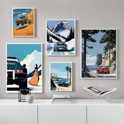 Porsche 911 Alpine Drive Poster Retro Alpine Trip Cartoon Prints Canvas