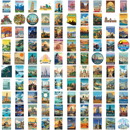 100PCS Cartoon World Landmark & National Park Graffiti Waterproof Stickers DIYFor Decorative Guitar Notebook Luggage Stationery