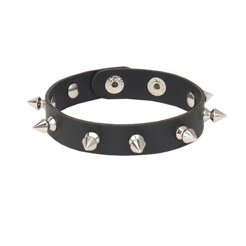 Punk Bracelet for Men Women Goth Black Leather Wristband with Metal Spike Studded Spike Rivets Cuff Bangle Adjustable