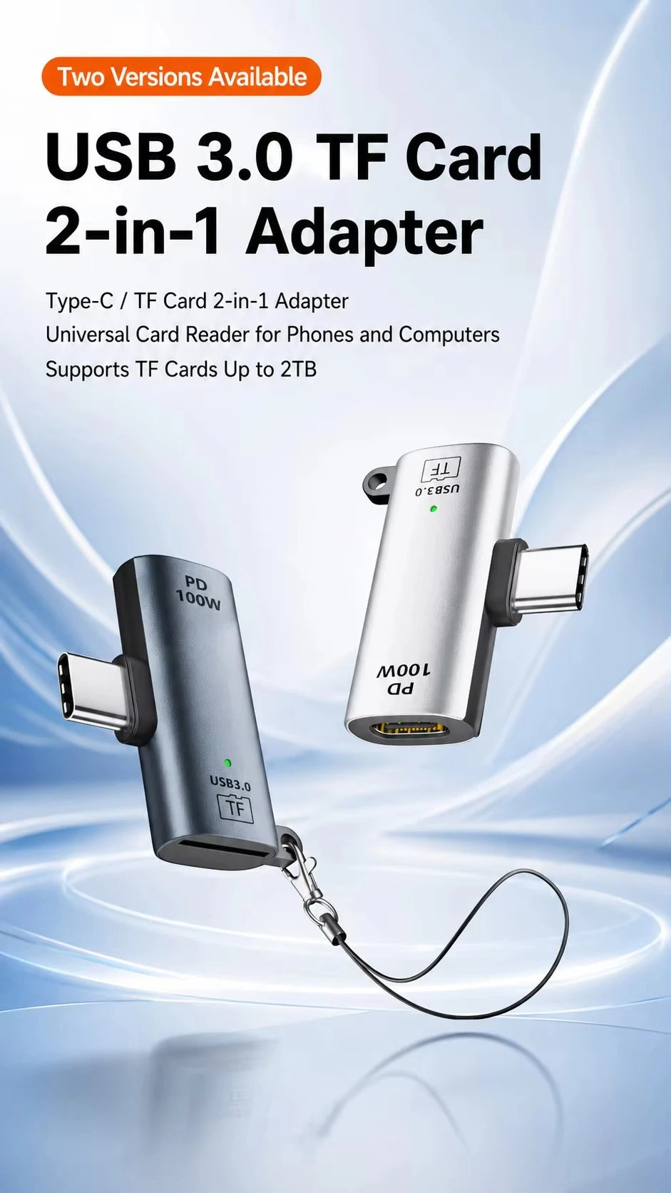 TF Card to Type-C Reader 2 Options Support 2TB & Charging 3.0 100W Fast Charging for iPhone 15/16 PC