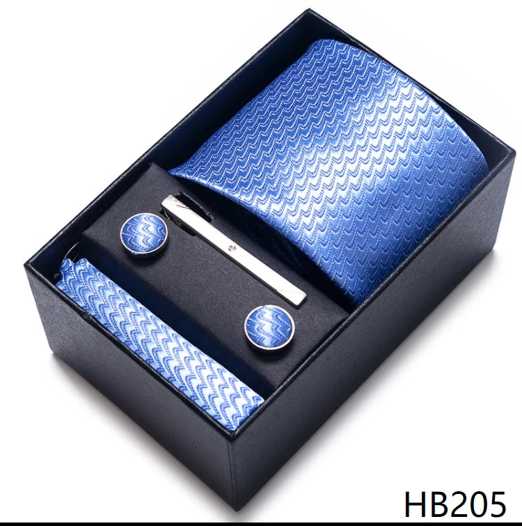 100% Silk Brand Tie Handkerchief Cufflink Set For Men Necktie Holiday Gift Box Blue Gold Suit Accessories Slim Wedding Gravatas