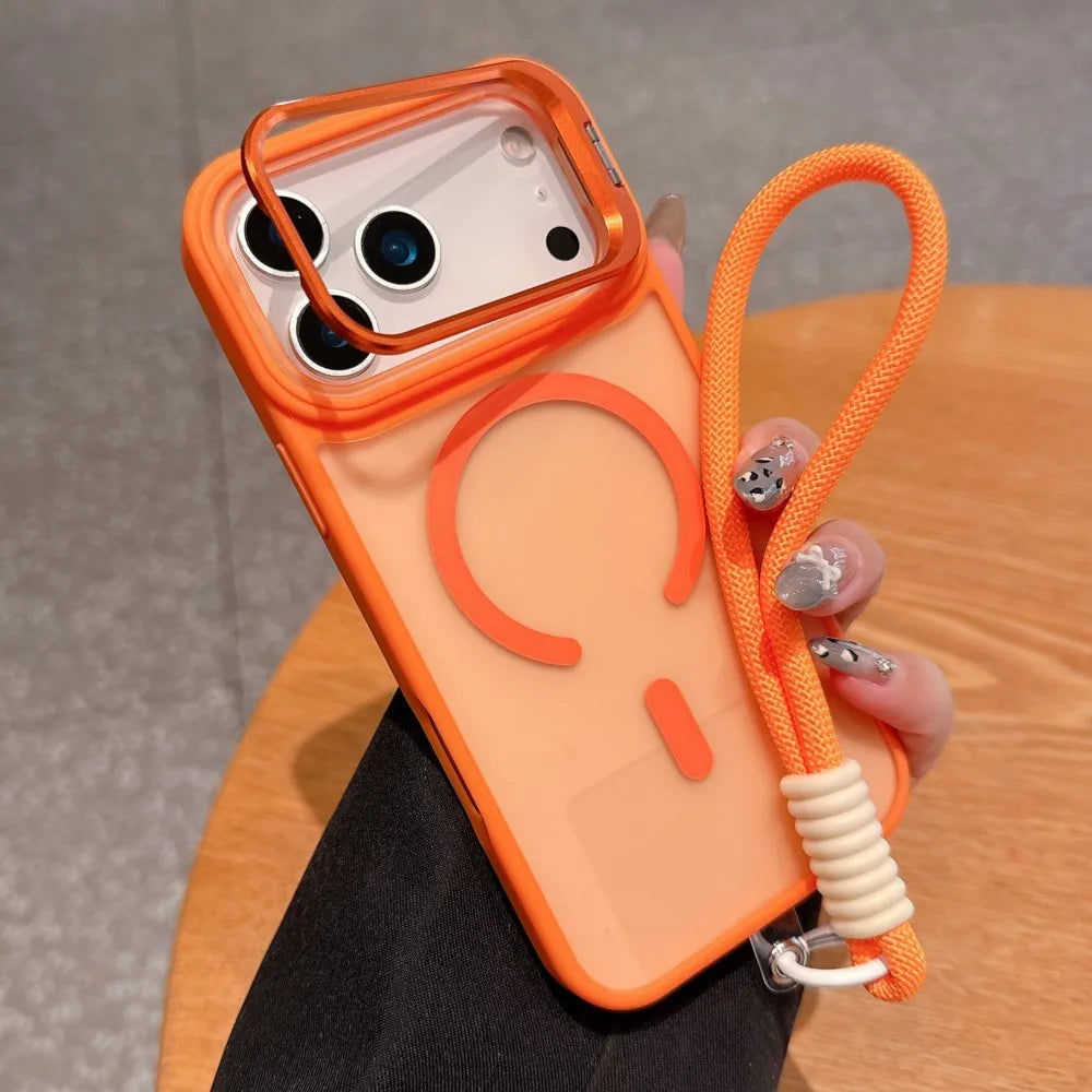 Wrist Strap Matte Lens Holder Case For iPhone 17 Air 16 15 14 Plus 13 12 11 Pro Max Mini For Magsafe Magnetic Lanyard Hard Cover