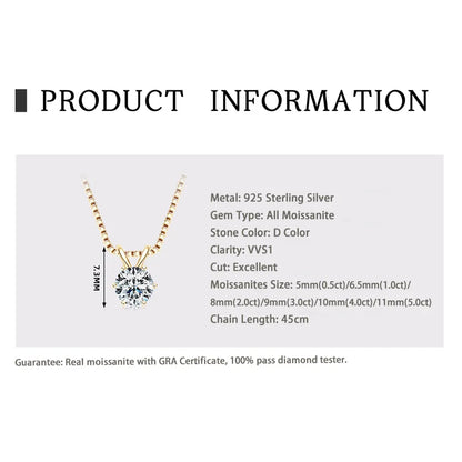 RAPRGOLD Certified 0.5-5ct Moissanite Pendant Necklaces S925 Sterling Silver Solitaire Necklace Chains For Women Jewellry Gifts