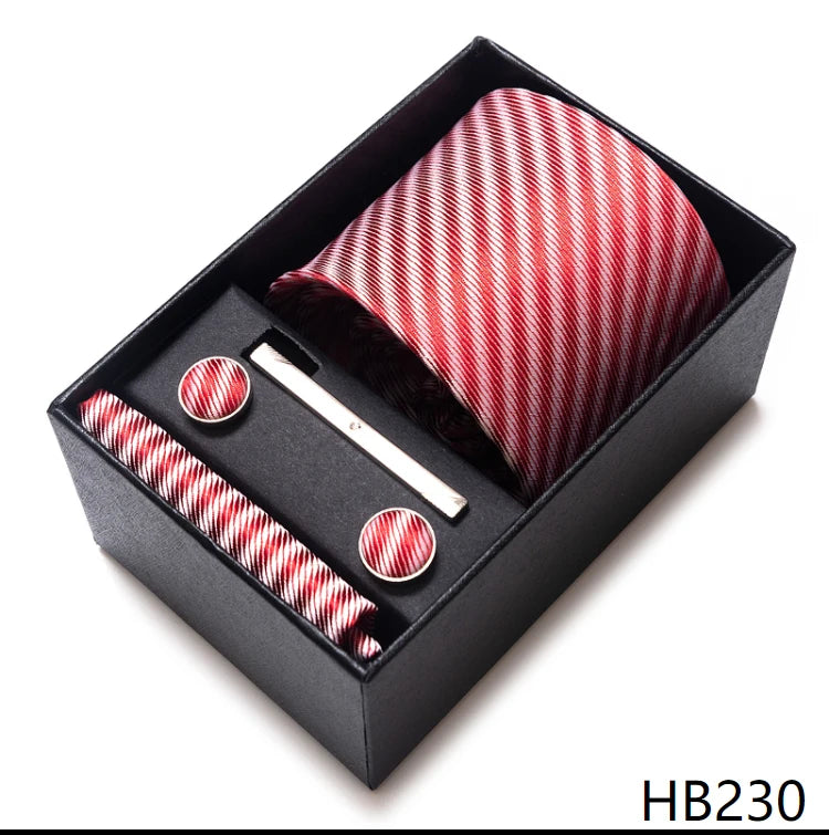 100% Silk Brand Tie Handkerchief Cufflink Set For Men Necktie Holiday Gift Box Blue Gold Suit Accessories Slim Wedding Gravatas