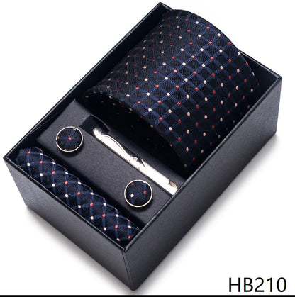 100% Silk Brand Tie Handkerchief Cufflink Set For Men Necktie Holiday Gift Box Blue Gold Suit Accessories Slim Wedding Gravatas
