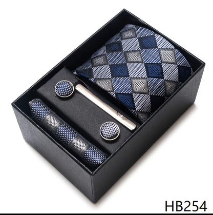 100% Silk Brand Tie Handkerchief Cufflink Set For Men Necktie Holiday Gift Box Blue Gold Suit Accessories Slim Wedding Gravatas