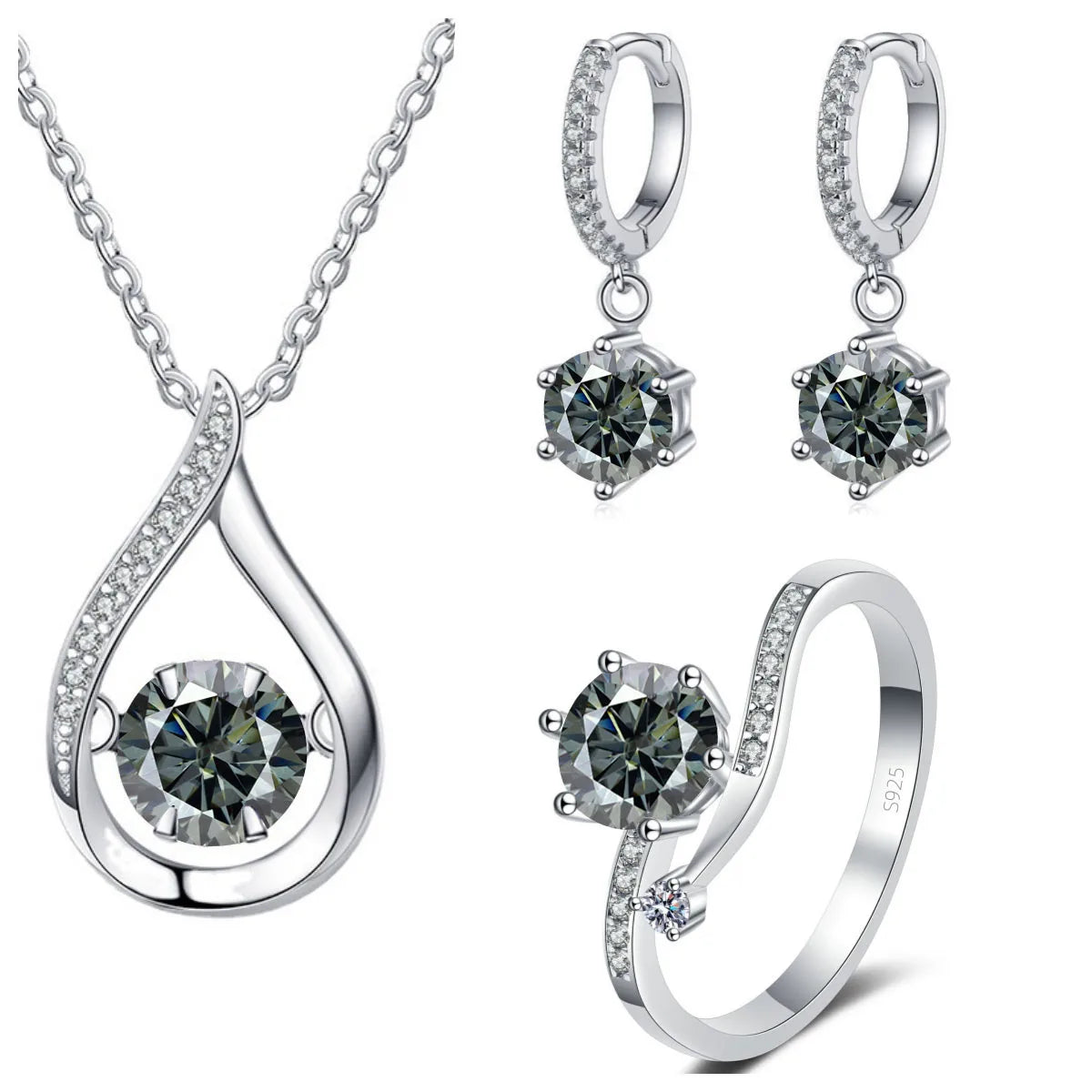 Sterling Silver Moissanite Jewelry Set Pendant Necklace Ring Gift