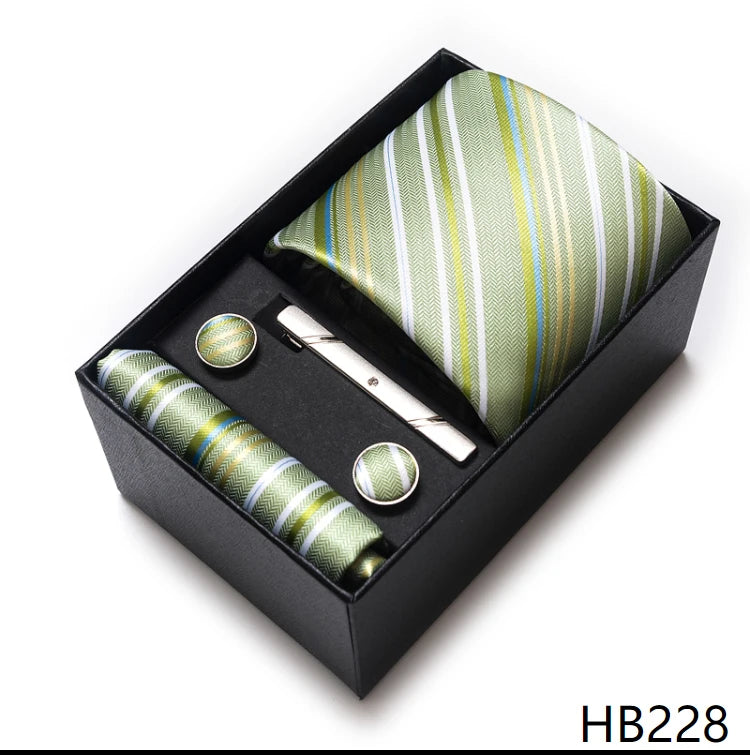 100% Silk Brand Tie Handkerchief Cufflink Set For Men Necktie Holiday Gift Box Blue Gold Suit Accessories Slim Wedding Gravatas