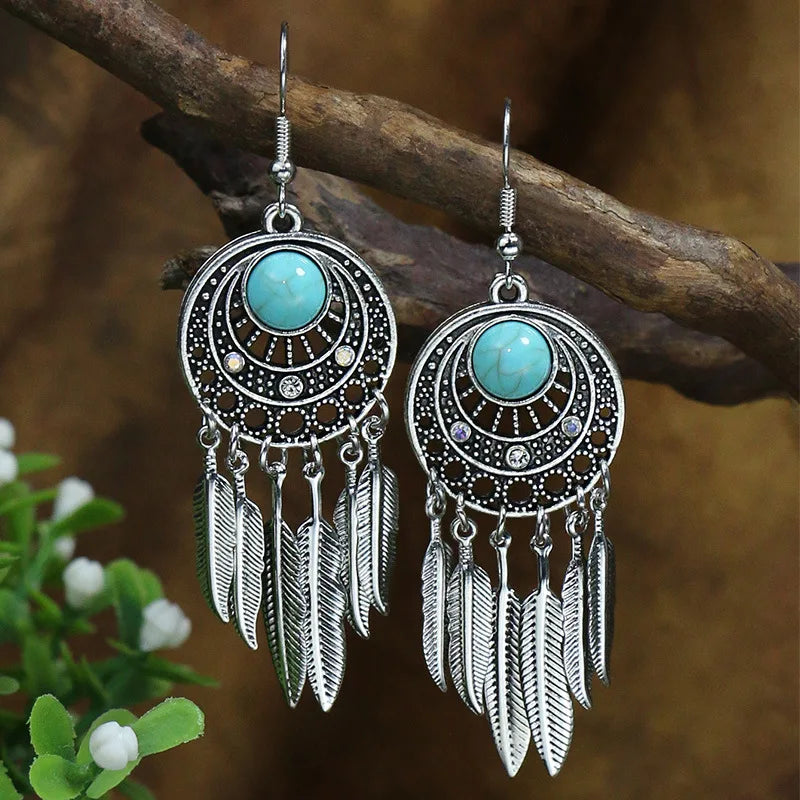 53 Styles Bohemian Vintage Tibetan Silver Geometric Drop Earrings For Women Ethnic Blue Stone Tassel Dangle Earrings Jewelry