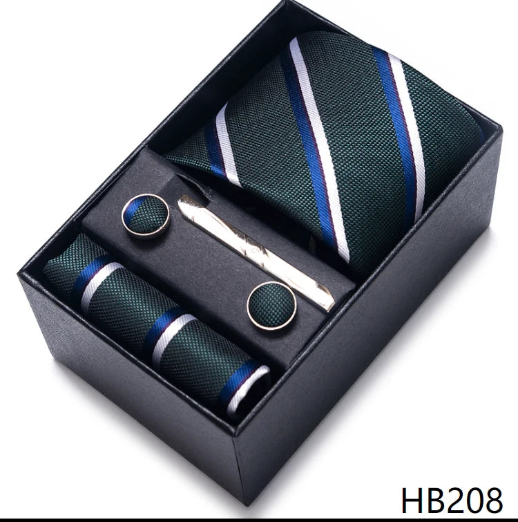 100% Silk Brand Tie Handkerchief Cufflink Set For Men Necktie Holiday Gift Box Blue Gold Suit Accessories Slim Wedding Gravatas