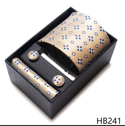 100% Silk Brand Tie Handkerchief Cufflink Set For Men Necktie Holiday Gift Box Blue Gold Suit Accessories Slim Wedding Gravatas