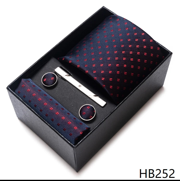 100% Silk Brand Tie Handkerchief Cufflink Set For Men Necktie Holiday Gift Box Blue Gold Suit Accessories Slim Wedding Gravatas