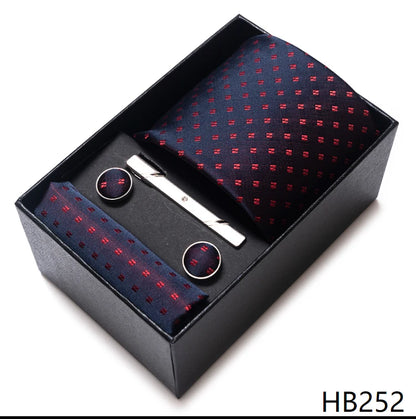 100% Silk Brand Tie Handkerchief Cufflink Set For Men Necktie Holiday Gift Box Blue Gold Suit Accessories Slim Wedding Gravatas